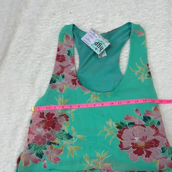 Green Floral Sleeveless Mini Summer Dress with White Fringe - Picture 3 of 6